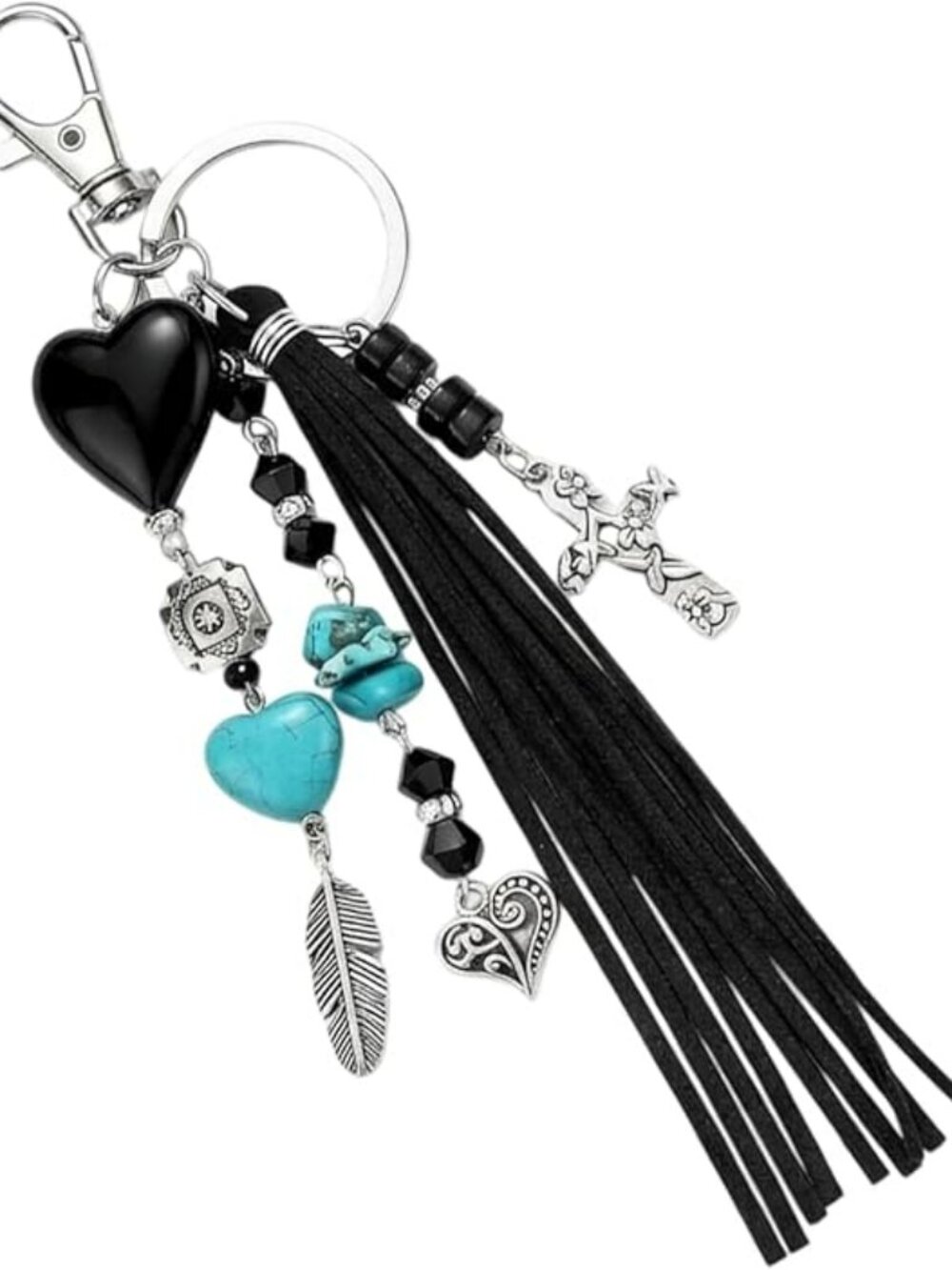 Western Keychain Cross Leather Tassel Turquoise Heart Purse Charm